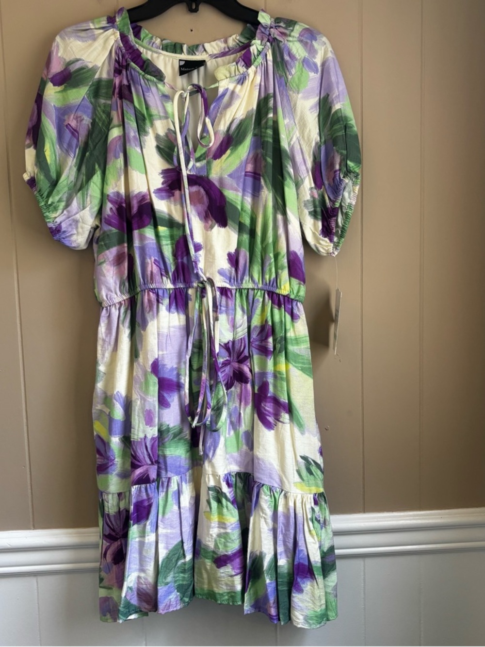Maison Tara Women’s Floral Watercolor Midi Dress - Boho Ruffle Hem - Size 8 NWT